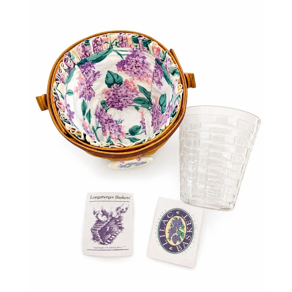 Longaberger 1994 May Series Lilac Basket+Prot+Liner+Tie On+Cards 5th Edition NOS